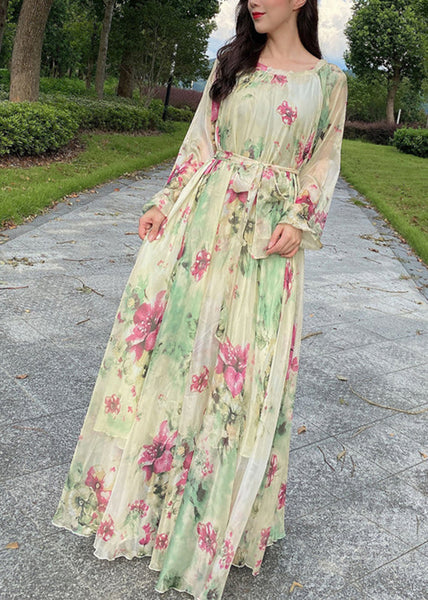 Yellow Tie Waist Chiffon Maxi Beach Dresses Long Sleeve LY1695