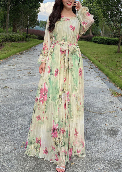Yellow Tie Waist Chiffon Maxi Beach Dresses Long Sleeve LY1695
