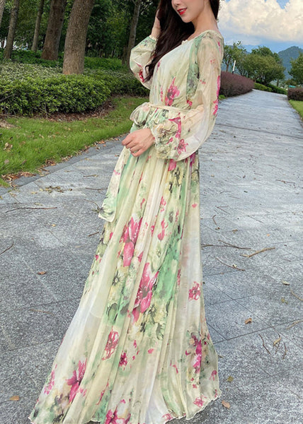 Yellow Tie Waist Chiffon Maxi Beach Dresses Long Sleeve LY1695