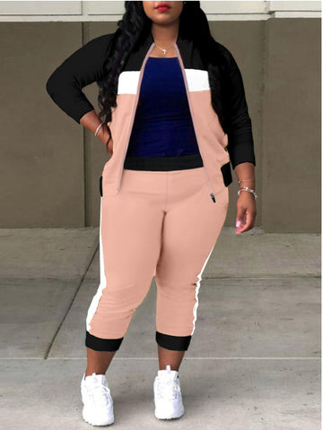 Plus Size Color Lump Patchwork Pants Set AT9019