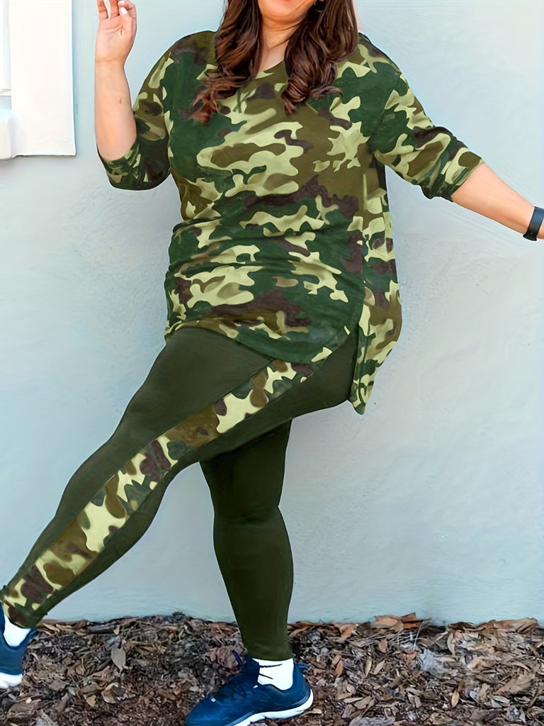 Plus Size Split Pattern Camo Skinny Two-piece Pants Set AT9042