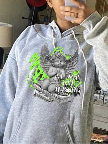 COTTON Figure Money Letter Print Hoodie AR70129