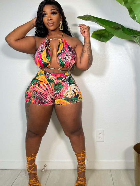 Plus Size Floral Print Bandage Design Shorts Set AR5086