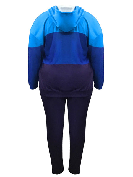 BASICS Plus Size Kangaroo Pocket Patchwork Drawstring Tracksuit Set BO2146