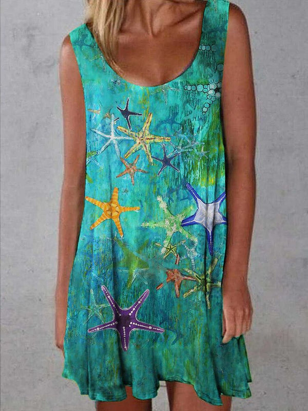 JFN Crew Neck Designer oil painting starfish print dress  WF71