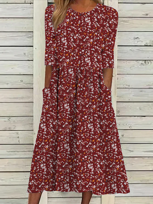 Vacation Loose Floral Crew Neck Dress UU41