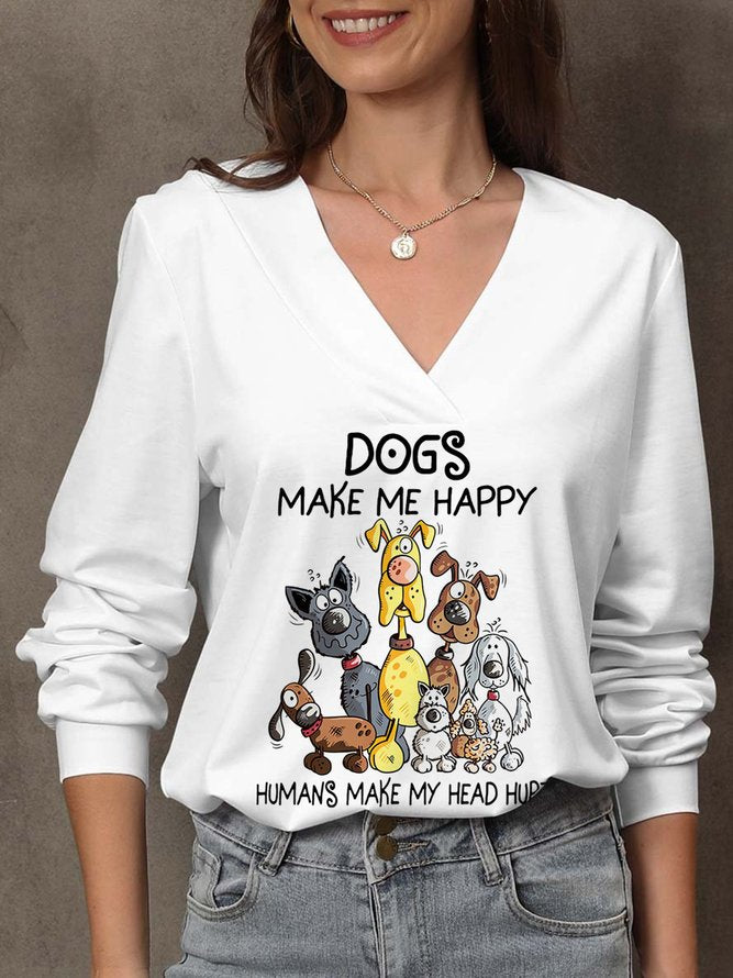 Dogs Make Me Happy Slogan Print V-Neck Top OY62