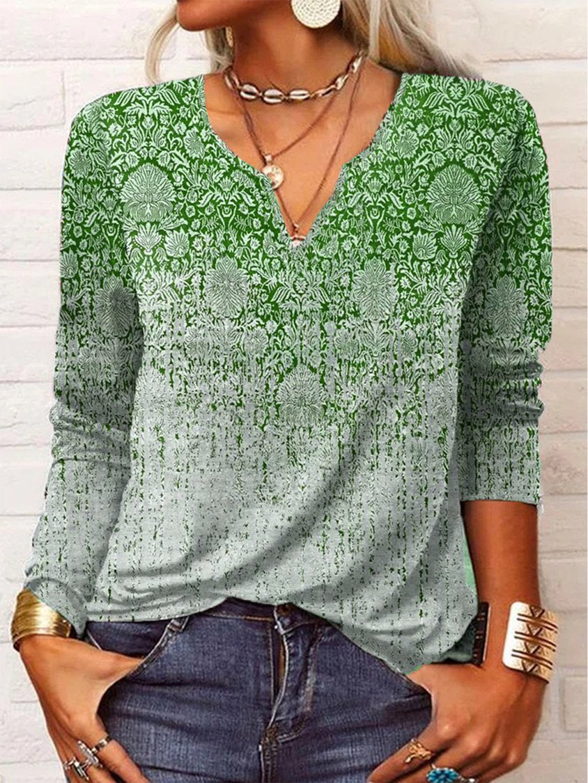 Ethnic Long Sleeve Notched Casual Tunic T-Shirt QAL16