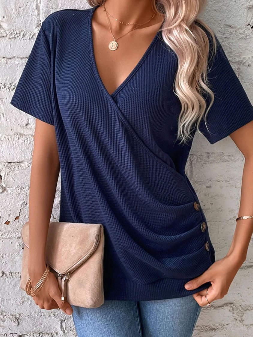 Plain V Neck Casual Front Criss-Cross Button Detail T-Shirt QAL12