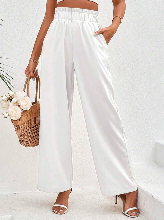 Cotton Casual Plain Paperbag Waist Wide Leg Pants  WX96