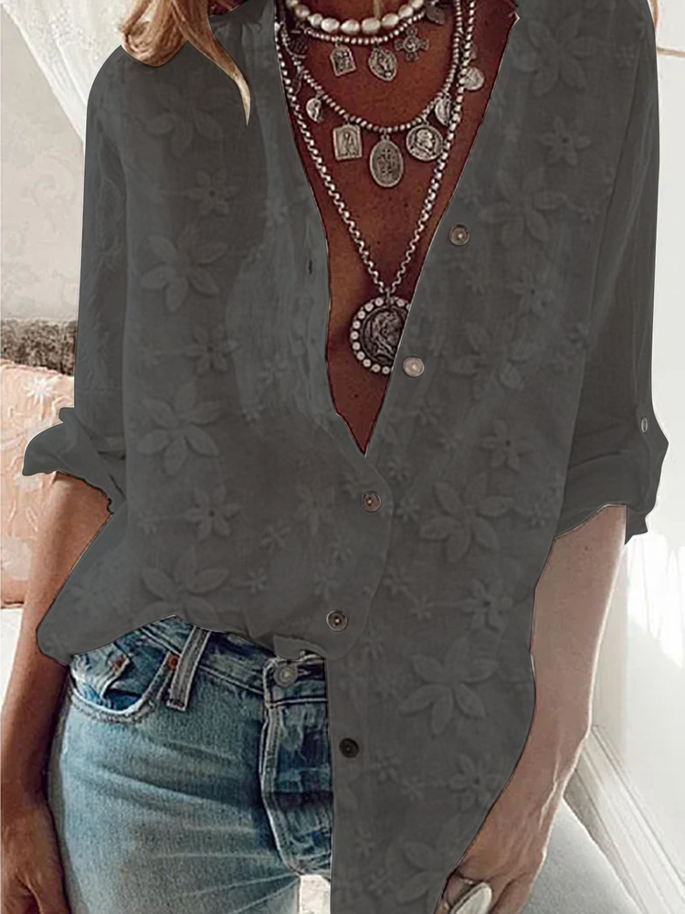 Women&#x27;s Lace Stitching Cotton Linen Long Sleeve Shirt  mm299