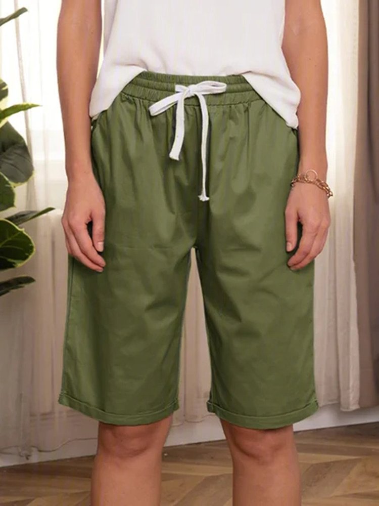 JFN Elastic Waist Solid Causal Pockets Shorts  QK96