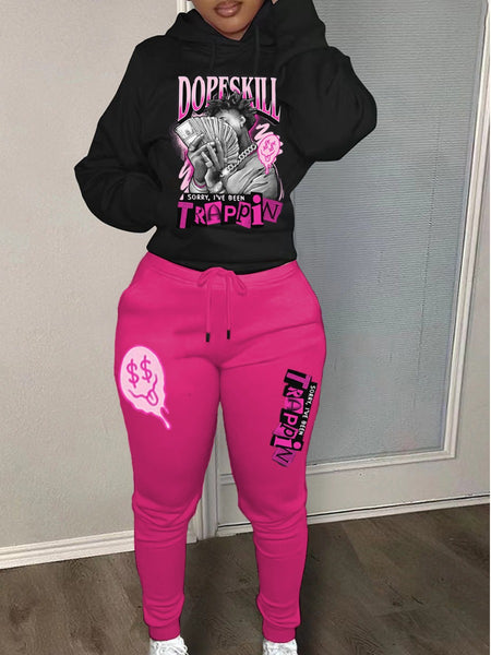 Figure Money Letter Print Kangaroo Pocket Tracksuit Set AR3041