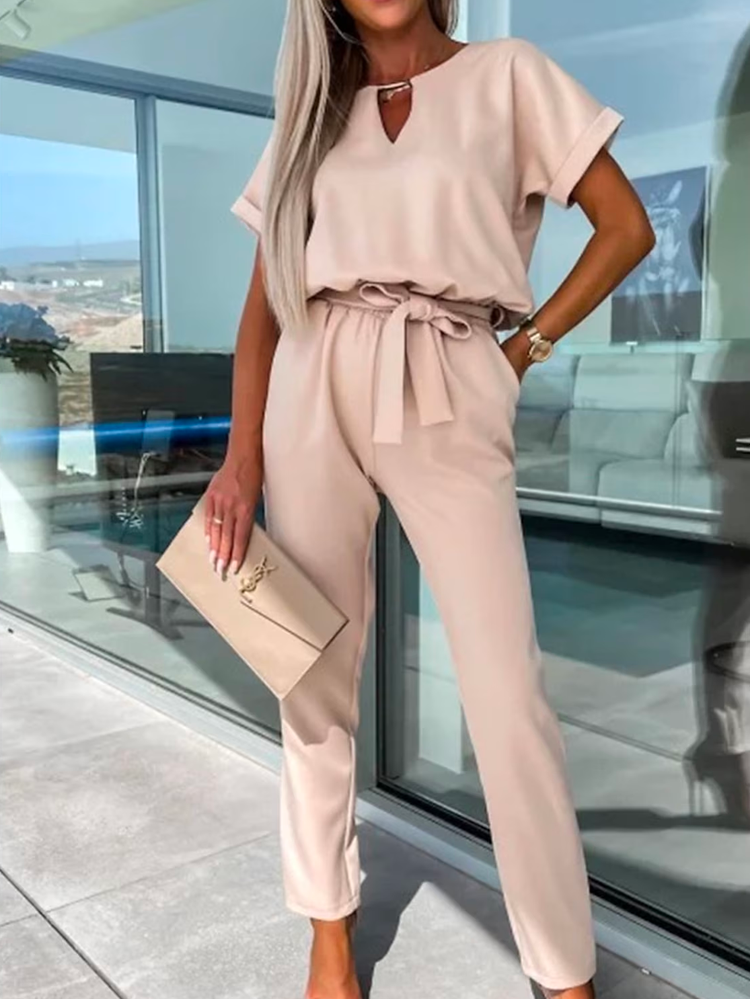 Plain Crew Neck Elegant Loose Jumpsuit  WX68