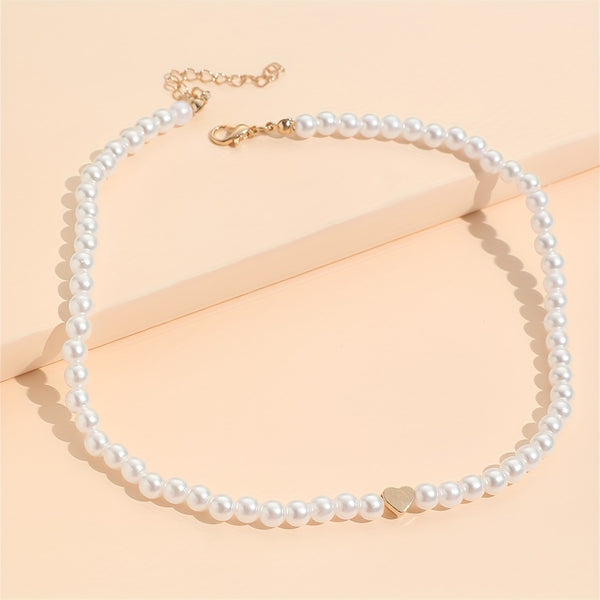 Golden Heart Full Faux Pearl Decor Beaded Necklace GE8570 Furdela