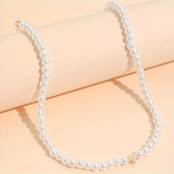 Golden Heart Full Faux Pearl Decor Beaded Necklace GE8570 Furdela