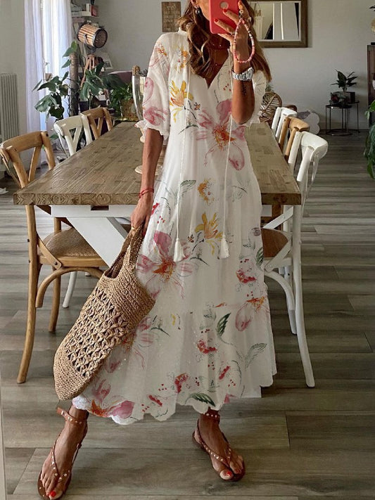 Women&#x27;s Shift Dress Maxi Dress half Sleeve Floral Print Summer Fall V Neck Casual Dress  QPQ63