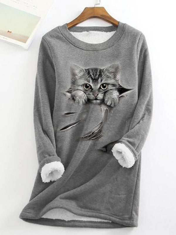 Grey Fun Cat Fleece Warm Sweatshirt GA58