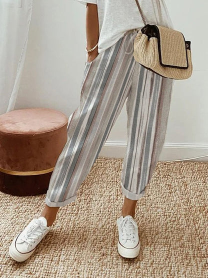 Striped Casual Pockets Loose Elastic Waist Pants  QB100