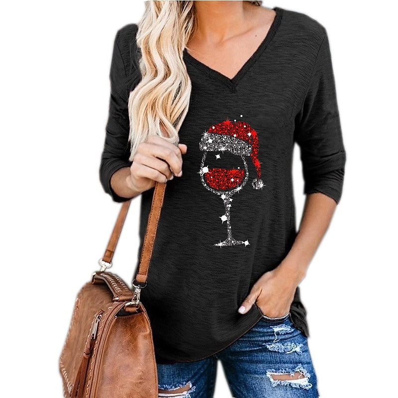 Women's T shirt Tee ArmyGreen Black Blue Dandelion Wine Glass Print Long Sleeve Christmas Casual Basic Christmas V Neck Regular S PC111