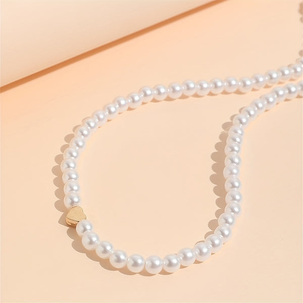 Golden Heart Full Faux Pearl Decor Beaded Necklace GE8570 Furdela