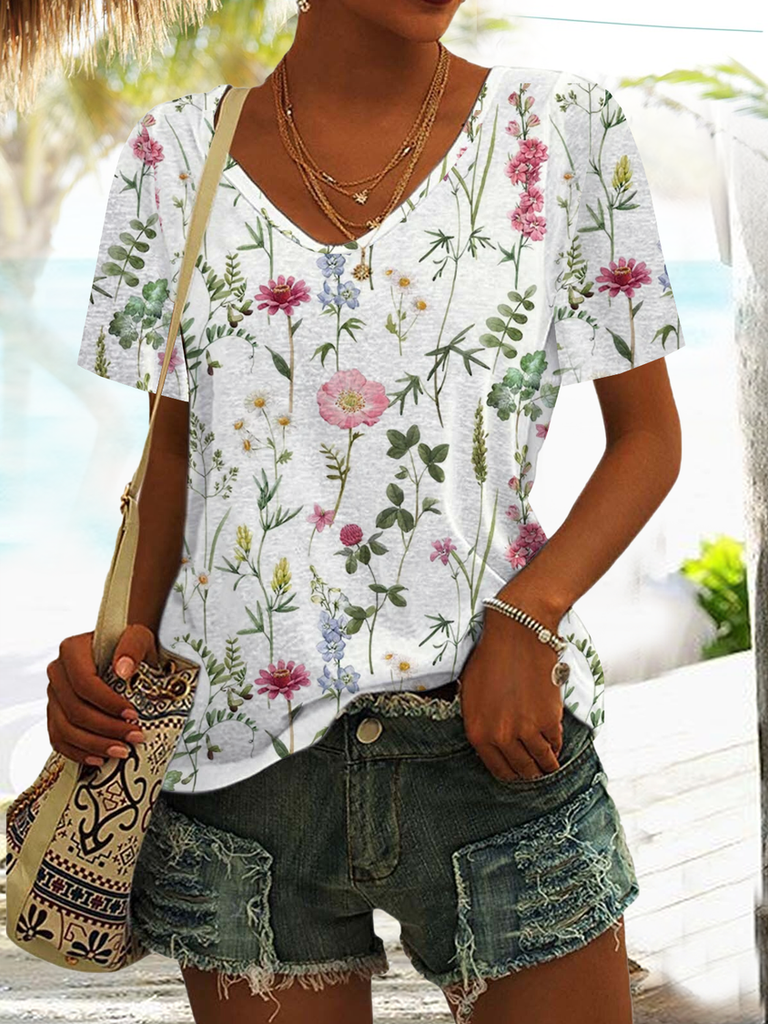 V Neck Floral Vacation T-Shirt MMy45