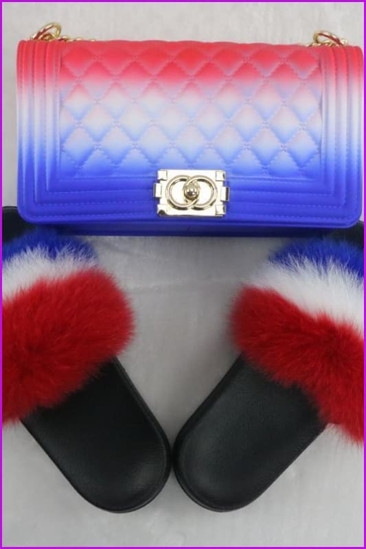 American Flag Red White Blue Fur Slides & Bag Set F727 B13 - Furdela