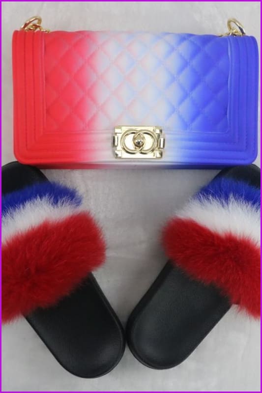 American Flag Red White Blue Fur Slides & Bag Set F727 B15 - Furdela