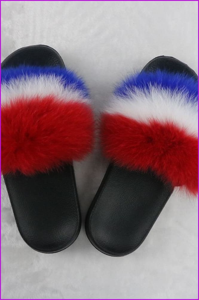 American Flag Red White Blue Fur Slides F726-09 - Furdela