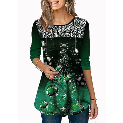 Women's T shirt Tee Tunic Green Black Blue Graphic Christmas Tree Print Long Sleeve Christmas Weekend Christmas Round Neck Long 3D Printed Painting S PC62