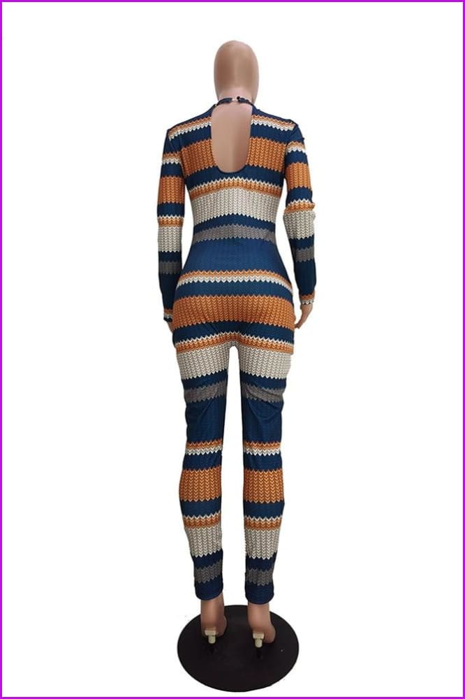 Autumn Striped Print Bodycon Jumpsuit F1340 - Furdela