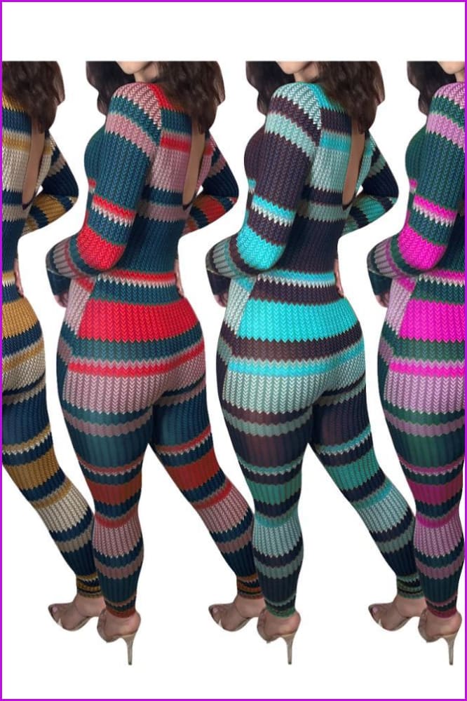 Autumn Striped Print Bodycon Jumpsuit F1340 - Furdela