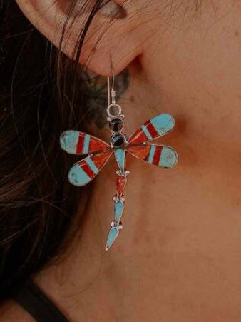 Ethnic Colorful Dragonfly Pattern Earrings Vintage Style Jewelry cc31
