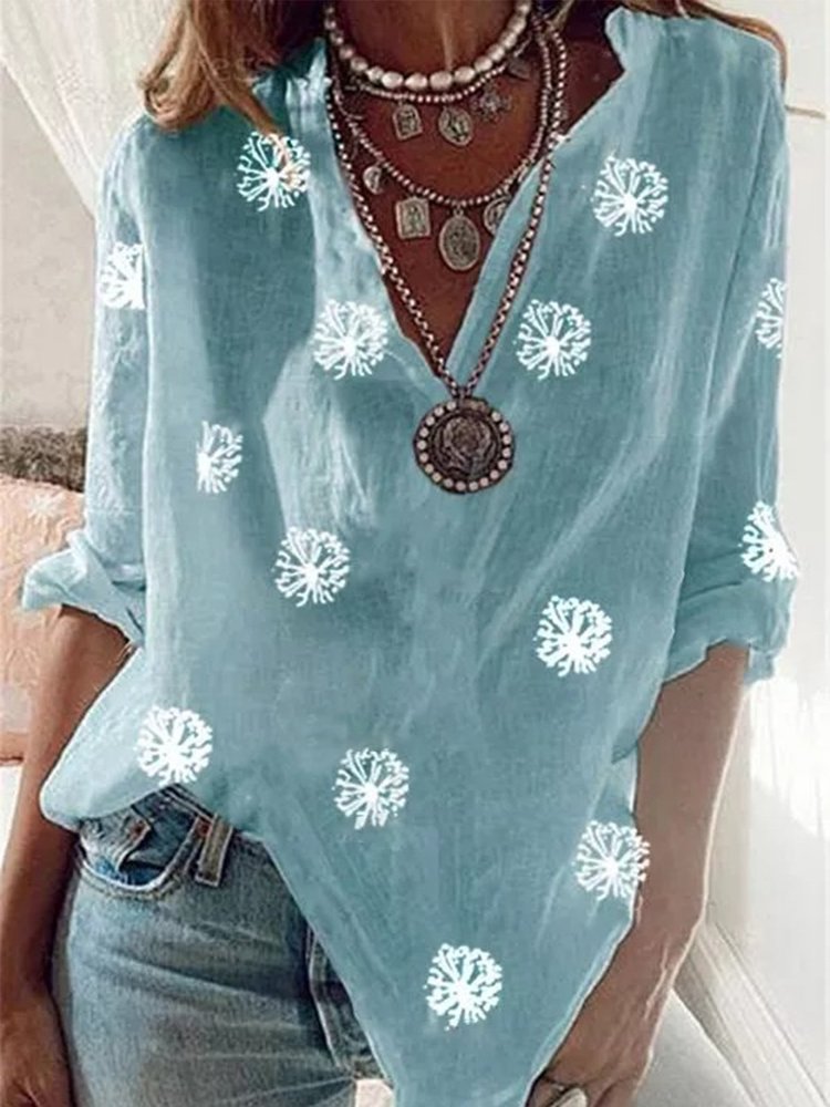 Vintage V Neck Dandelion Printed Casual Top  QH112