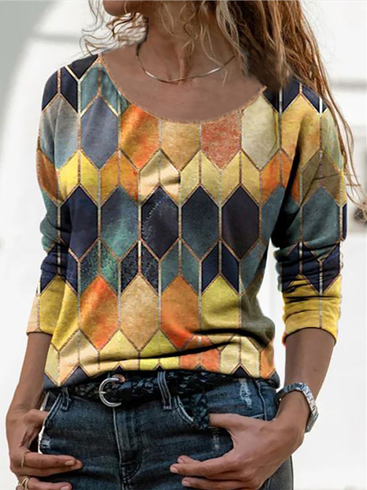 Casual Geometric Printed Long Sleeves Top  QH91