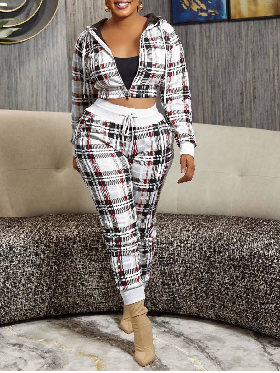 Plus Size Crop Top Plaid Print Drawstring Pants Set AT9068