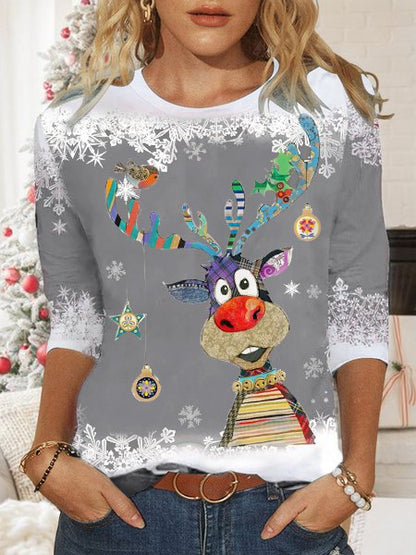 Women's Red Sweatshirt Christmas Reindeer Printed PJ25