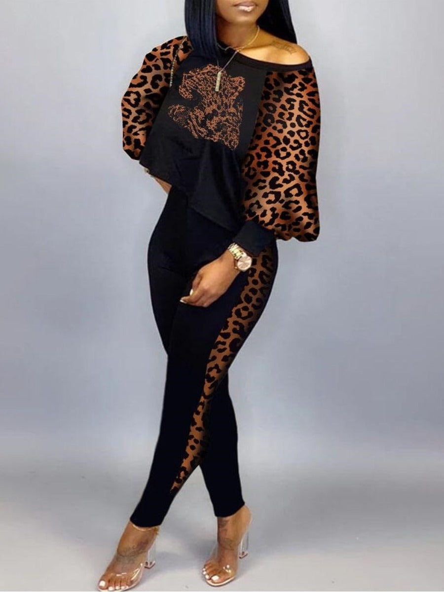 Plus Size Crop Top Leopard Print Skinny Pants Set AT9052