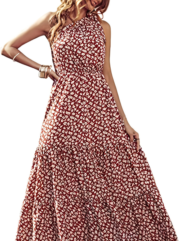 Floral Print One Shoulder Dress, Boho Casual Asymmetrical Neck Sleeveless Dress, Women's Clothing AZ10030
