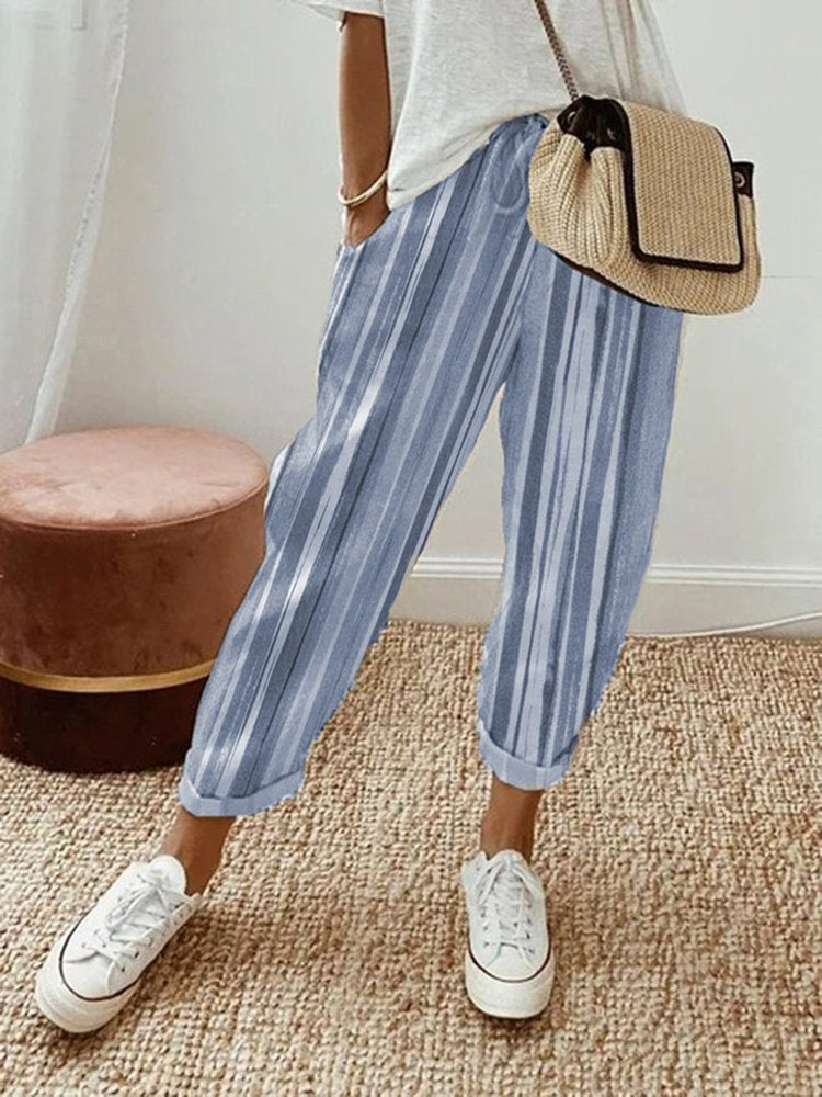 Striped Casual Pockets Loose Elastic Waist Pants  QB100