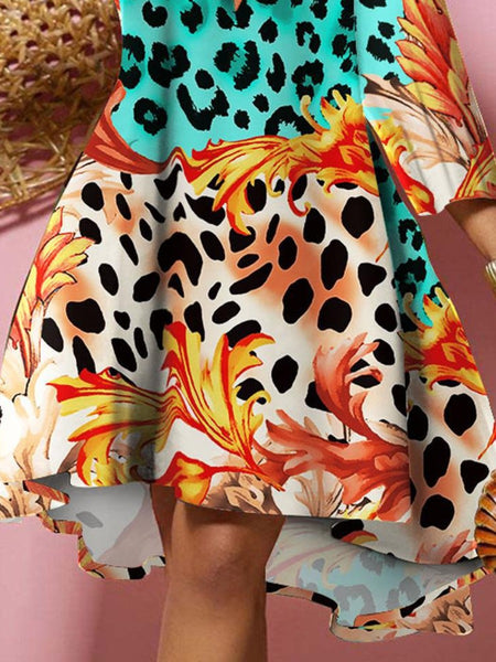 Plus Size Leopard Floral Print A Line Dress AC2063