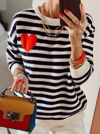 Valentine&#x27;s Day Striped Love Long Sleeves Crew Neck Oversized Casual Sweaters Women CD11