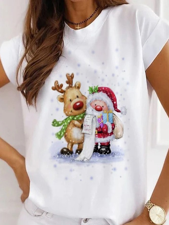 Women Christmas Animal Loosen Crew Neck Cotton Blends Short Sleeve T-Shirt PJ33 - Furdela