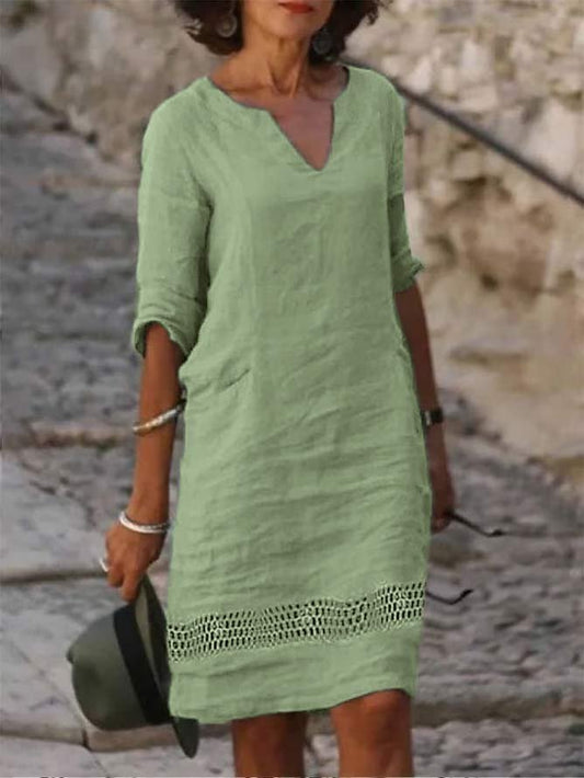 Plain Notched Linen Loose Dress  QPQ87