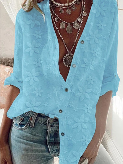 Women&#x27;s Lace Stitching Cotton Linen Long Sleeve Shirt  mm299