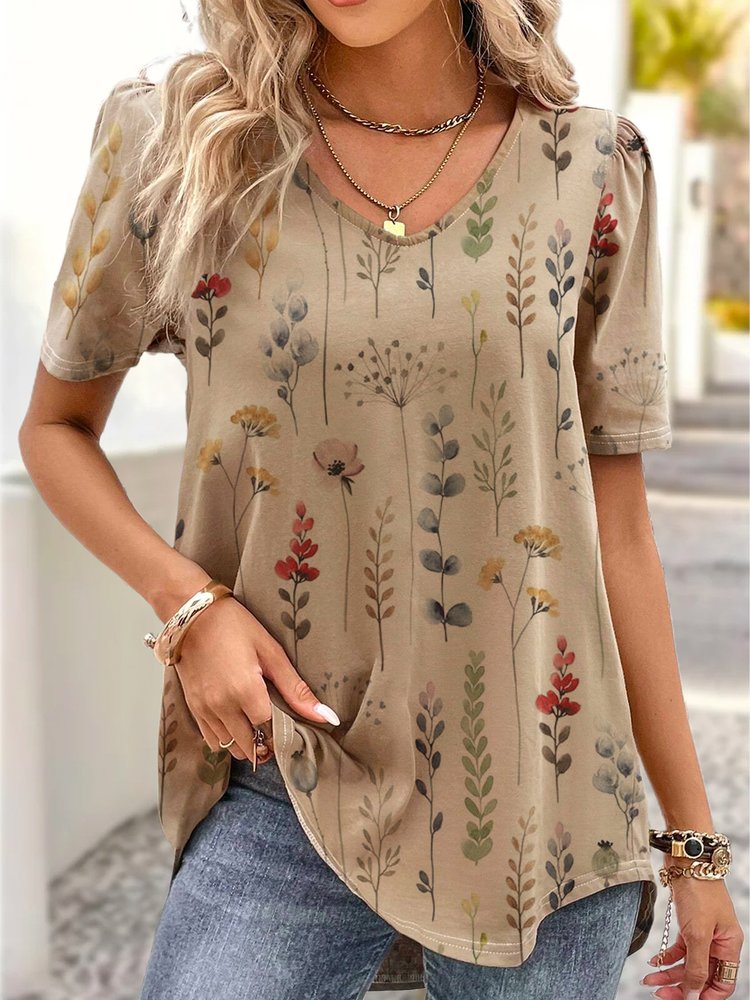 V Neck Casual Loose Floral Shirt  QR63