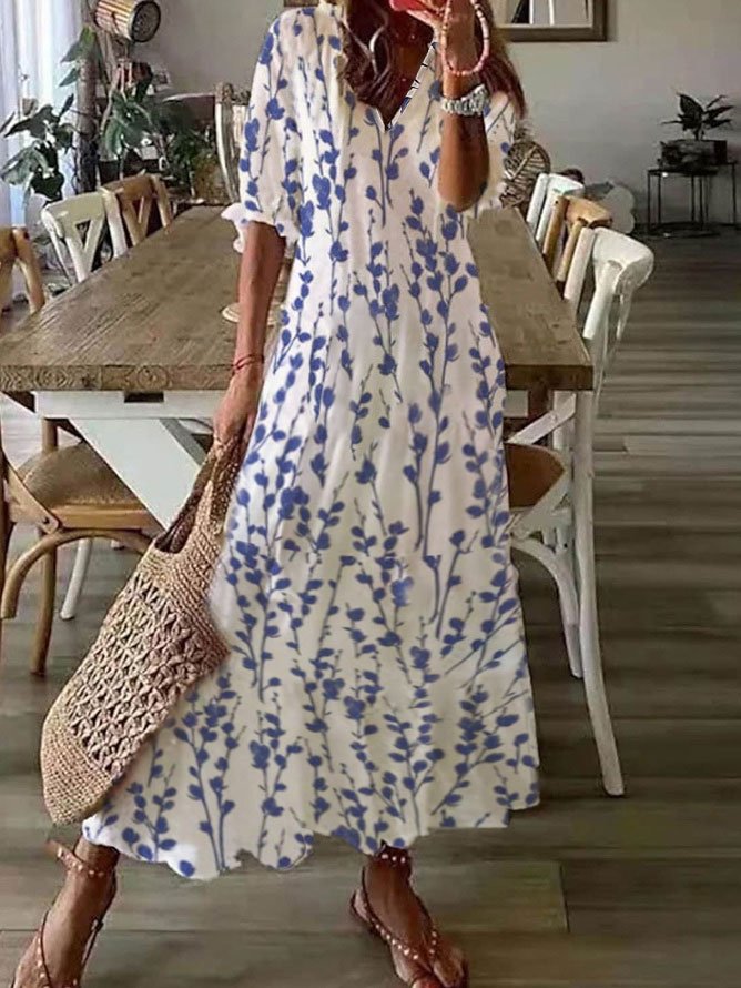 V Neck Loose Blue Floral Casual Dress  WT89