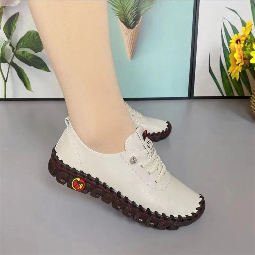 Women's Handmade Flat Sneakers, Solid Color Soft Sole Lace Up Non Slip Low Top Shoes, Casual Faux Leather Shoes SE1031