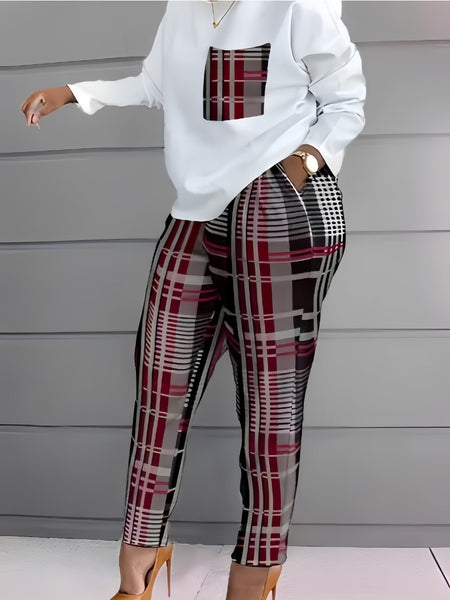 Plus Size Plaid Print Pocket Design Pants Set BO2124