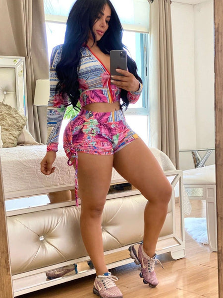 Floral Print Drawstring Shorts Set AR8043